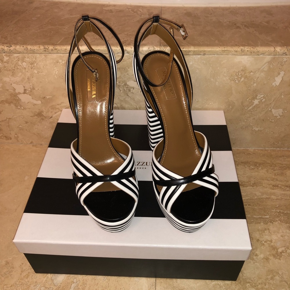 Aquazzura Black and White Platform Sundance Sandals with Stripes - Picture 5 of 8